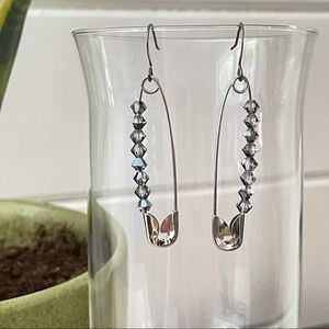 Handmade Grey Swarovski Crystal Safety Pin Earrings Industrial Upcycle Bling